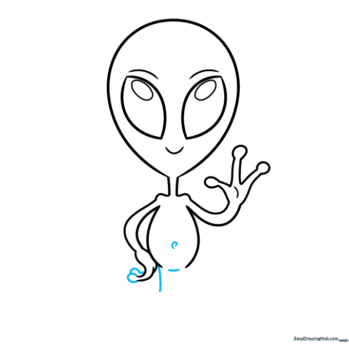 Alien sketch showing a spiral belly button and the start of the leg.