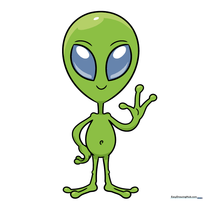 Finished, colored cartoon alien with green skin and a friendly expression.