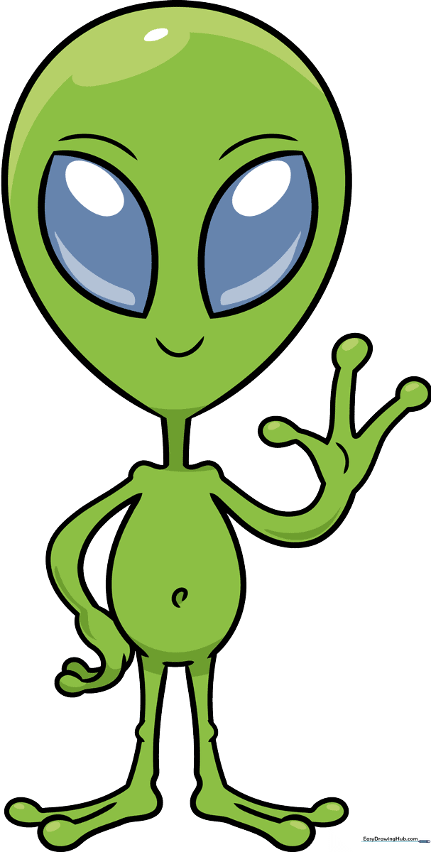 A friendly, green cartoon alien waving, featured in a step-by-step drawing guide.