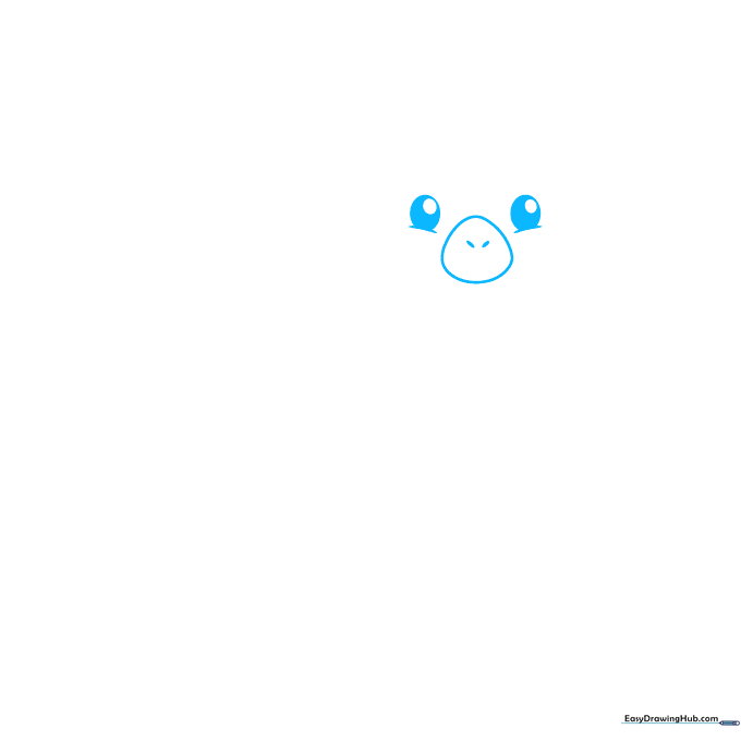 Pencil sketch showing the nose and two oval eyes of a cartoon alpaca on a white background.