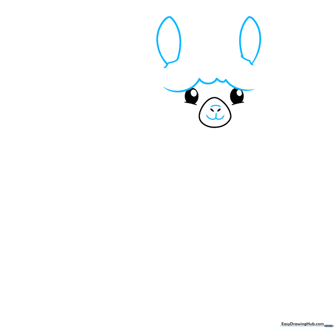 Drawing showing the alpaca's mouth, forehead fur, and two pointed ears added to the face.