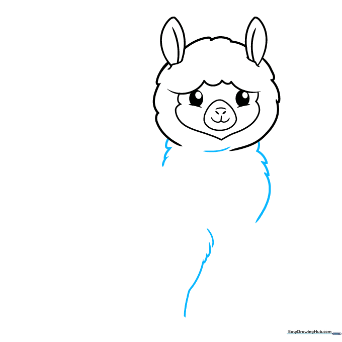 The alpaca's neck is drawn extending down from the head with a curved chest line.