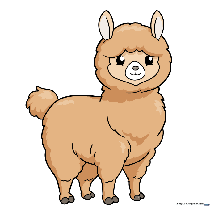A fully colored, cute cartoon alpaca with soft brown fur and a friendly expression.