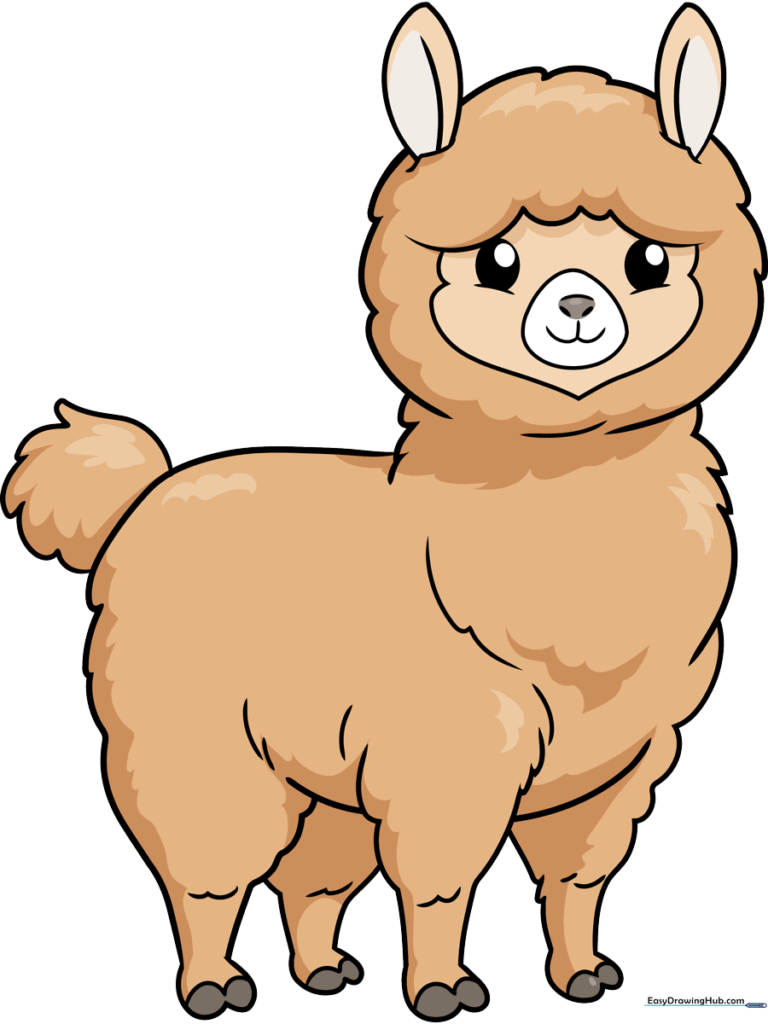 A vibrant, finished cartoon alpaca drawing, showcasing the final result of the tutorial.