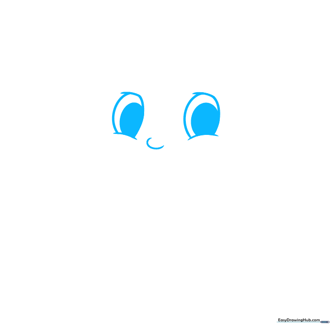 Close-up of cartoon baby eyes and nose sketch showing circular pupils and soft curved lines.