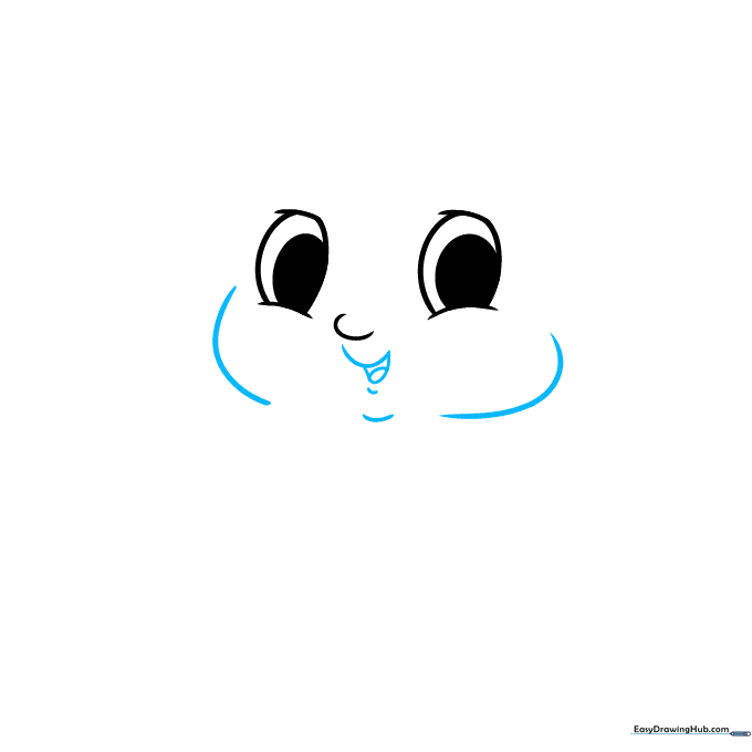 Drawing the lower face of a cartoon baby with chubby cheeks and a wide, happy open-mouthed smile.
