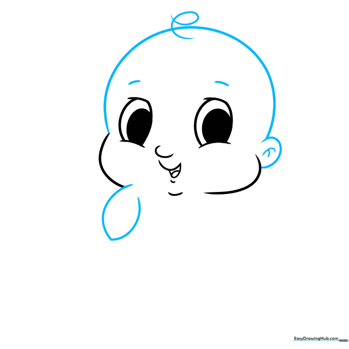 Outlining the baby's head shape, ear, hair curl, and the initial shape of a pudgy arm.