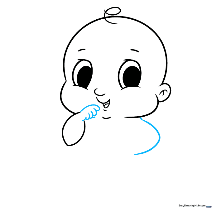 Detailing the baby's hand with small, rounded fingers and starting the second arm.