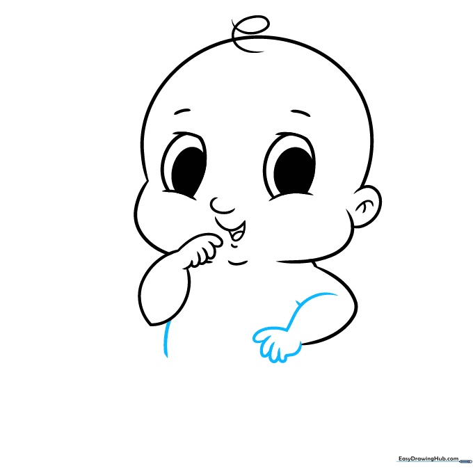 Drawing the baby's torso and second arm with soft, rounded contours.