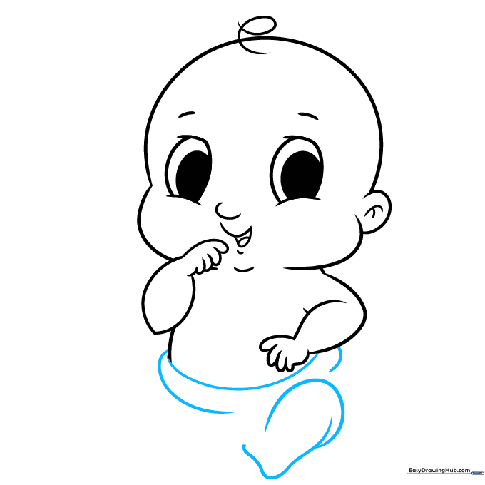 Sketching the baby's diaper line and the outline of a chubby leg with a knee fold.