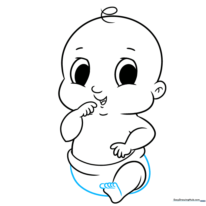 Drawing the baby's foot with tiny, rounded toes and completing the diaper outline.