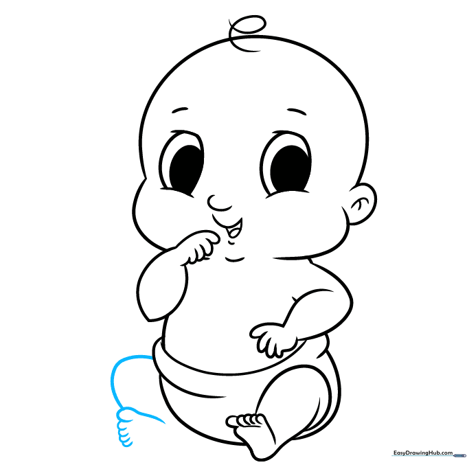Adding the second leg and foot to the cartoon baby sketch.