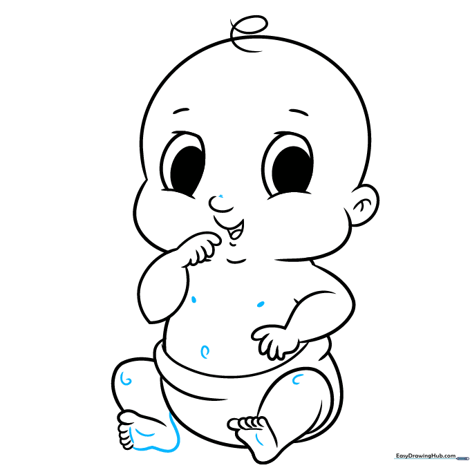 Adding final contour lines for the belly button, chest, and knees to complete the baby drawing.