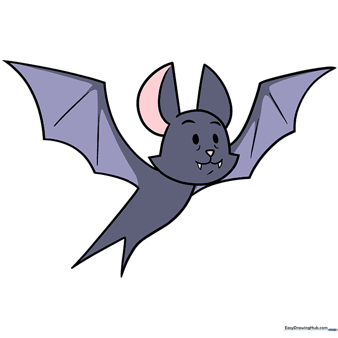 A finished, colored cartoon bat drawing with grey fur and pink inner ears.