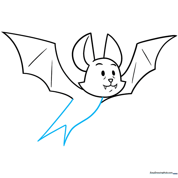 Drawing the bat's rounded body and pointed tail to complete the outline.