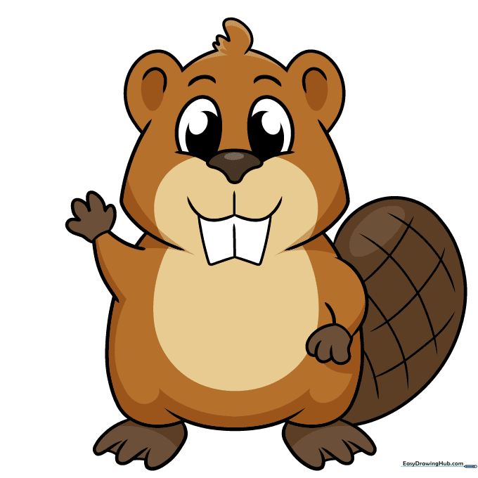 The final colored cartoon beaver drawing with brown fur and a tan belly.