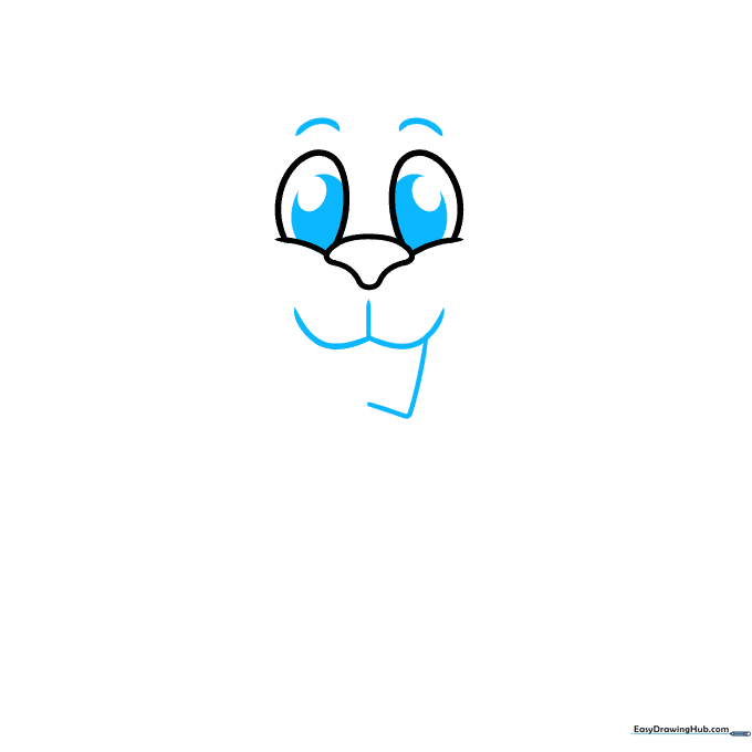 Drawing showing the addition of pupils, eyebrows, and the start of the beaver's large front tooth.