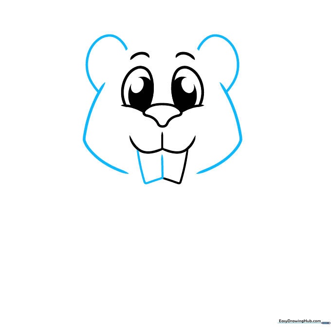 Drawing showing the completed front teeth and the placement of two ears on the sides of the head.
