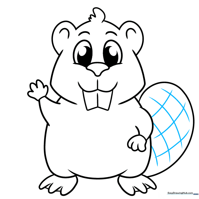 Drawing showing the final crosshatched texture added to the beaver's tail.