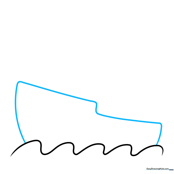 A curved line forming the base hull of a boat resting on the previously drawn wave line.