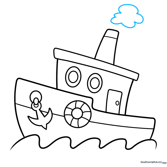 A fluffy, cloud-like puff of smoke emerging from the top of the boat's smokestack.