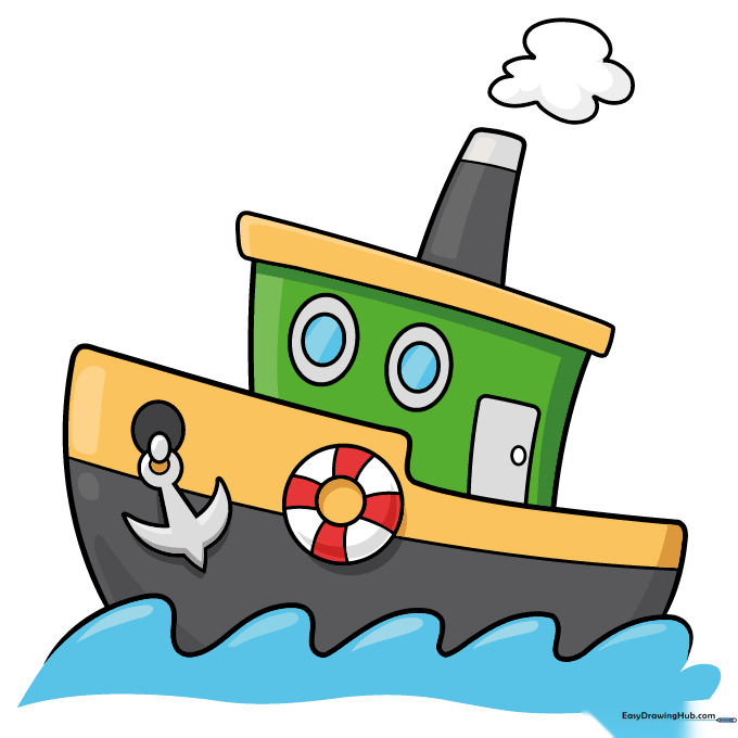 A fully colored, vibrant cartoon boat floating on blue water.