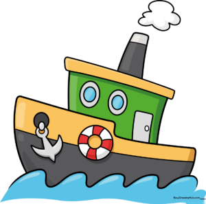 A colorful, finished cartoon boat drawing, showcasing the final result of the tutorial.