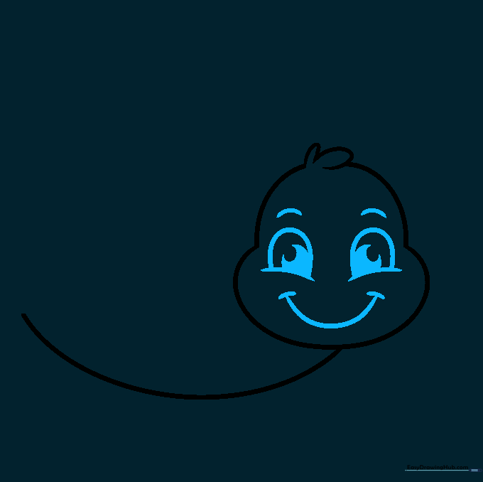 Detailed cartoon face with large eyes, pupils, eyebrows, and a happy smiling mouth.