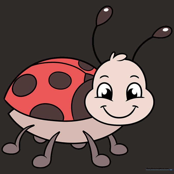 A fully colored cartoon bug with a red shell, black spots, and a happy expression.