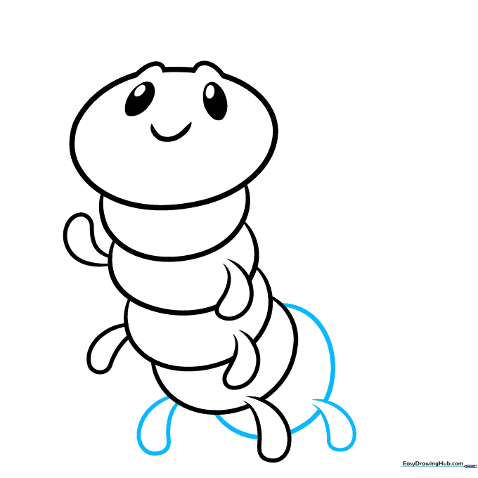 Continuing the caterpillar body with a fourth segment and two more legs.