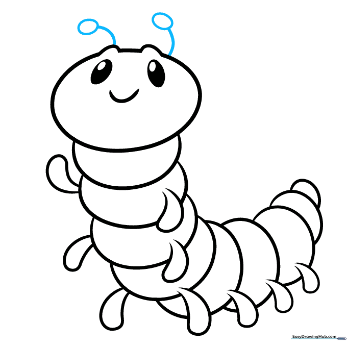 Adding two antennae with small circles at the tips to the caterpillar's head.