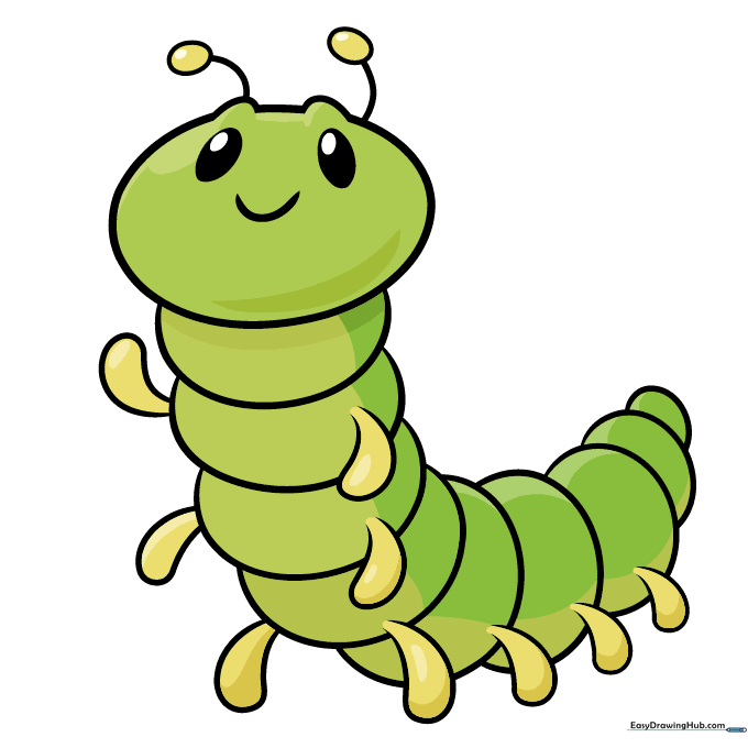 A finished, brightly colored cartoon caterpillar drawing.
