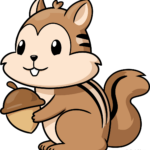 A friendly, finished cartoon chipmunk holding an acorn, colored in warm brown tones.