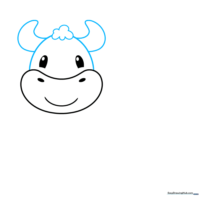 Cow head drawing showing the addition of a fluffy hair tuft and two small horns.