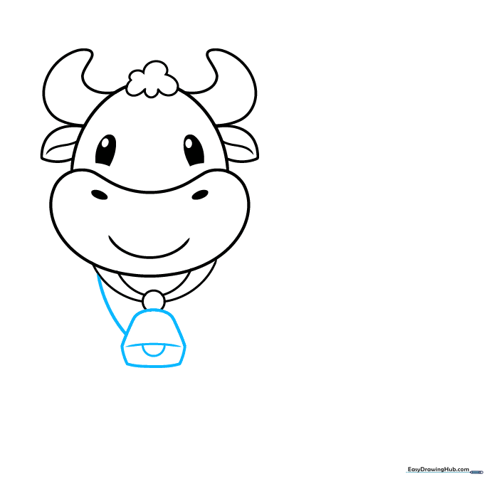 Close up of the cow's collar with a bell attached.
