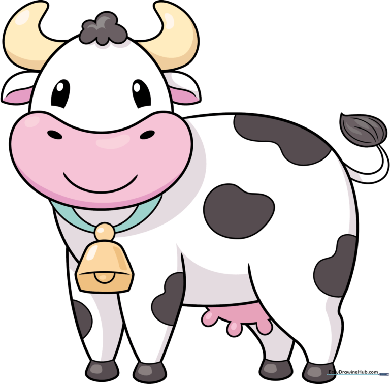 A friendly, finished cartoon cow drawing with spots and a bell.