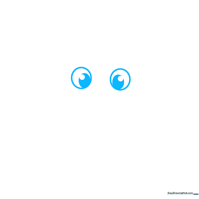 Close-up of two cartoon crab eyes with pupils drawn on white paper.
