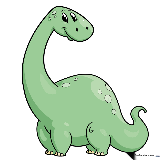 A fully colored, friendly green cartoon dinosaur.