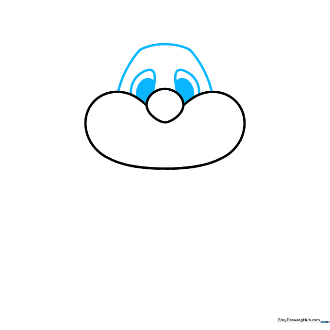 Drawing showing the addition of two large eyes and a curved line forming the top of the dog's head.