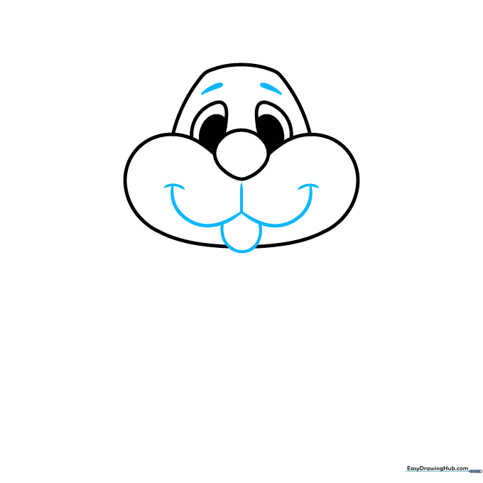 Detailed view of the dog's face showing eyebrows, a smiling mouth, and a happy tongue.