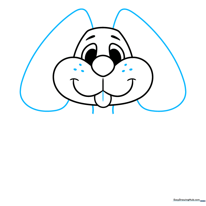 Adding long, floppy ears and whisker dots to the cartoon dog's face.