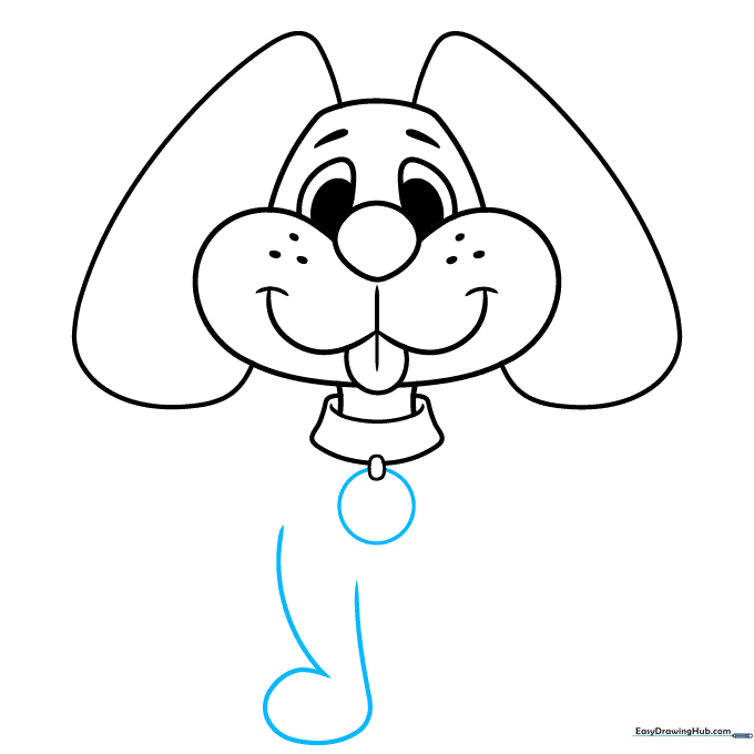 Adding a circular name tag and the first front leg to the dog's body.