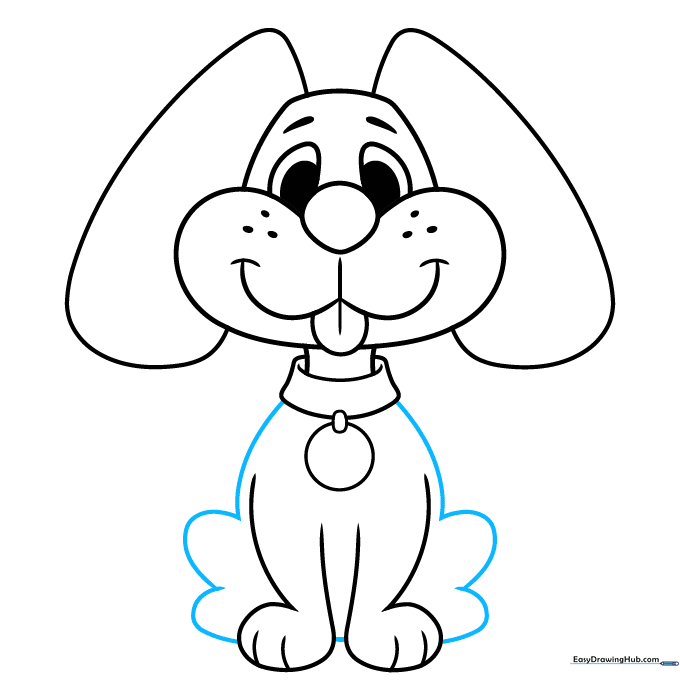 Adding the back and rear leg contours to complete the dog's body shape.