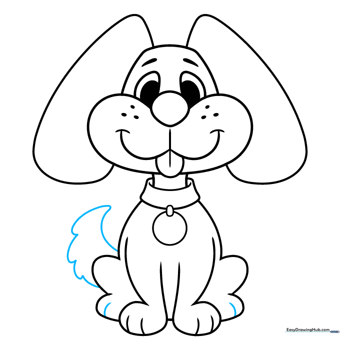Finalizing the drawing by adding a curved tail and rear paw details.