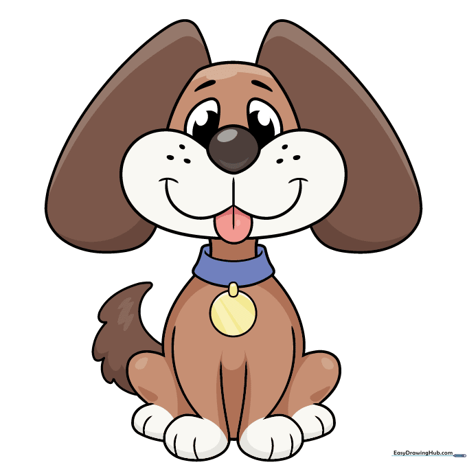 A fully colored, friendly cartoon dog drawing.