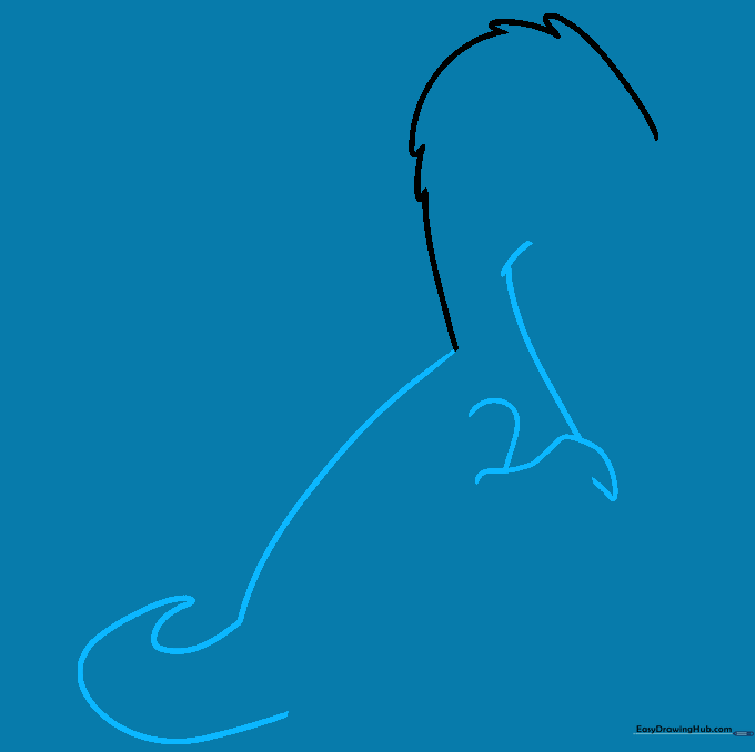 Drawing showing the extension of the dragon's tail and the addition of diagonal guide lines for the body.