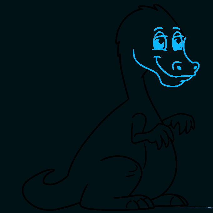 Detailed sketch of the dragon's face, showing large eyes, pupils, and a smiling mouth.