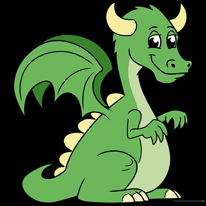 Final colored cartoon dragon with green body and yellow accents.