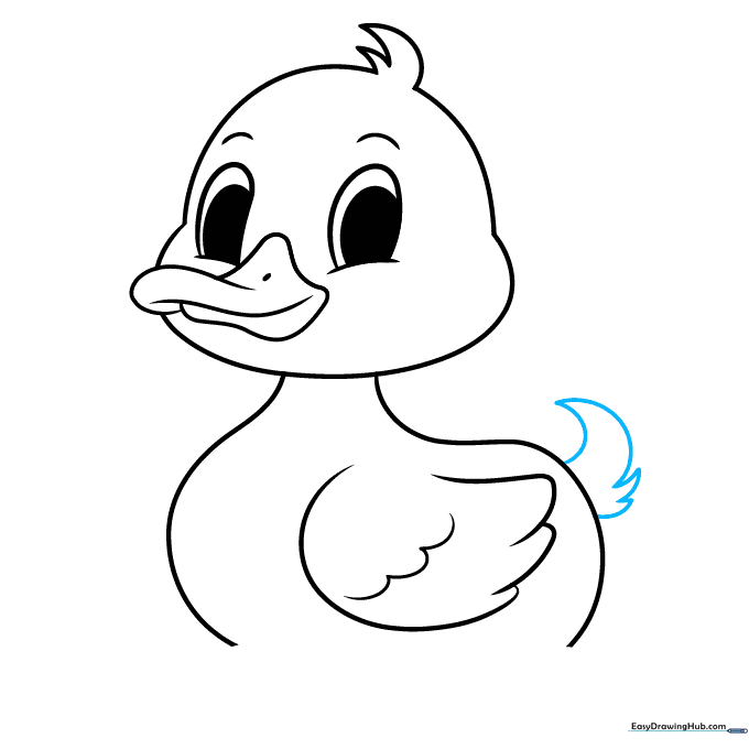 Drawing the duck's tail feathers with sharp, curved points.