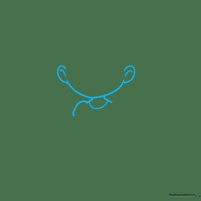 Pencil sketch showing the initial V-shaped chin and ear loops for a cartoon fairy.